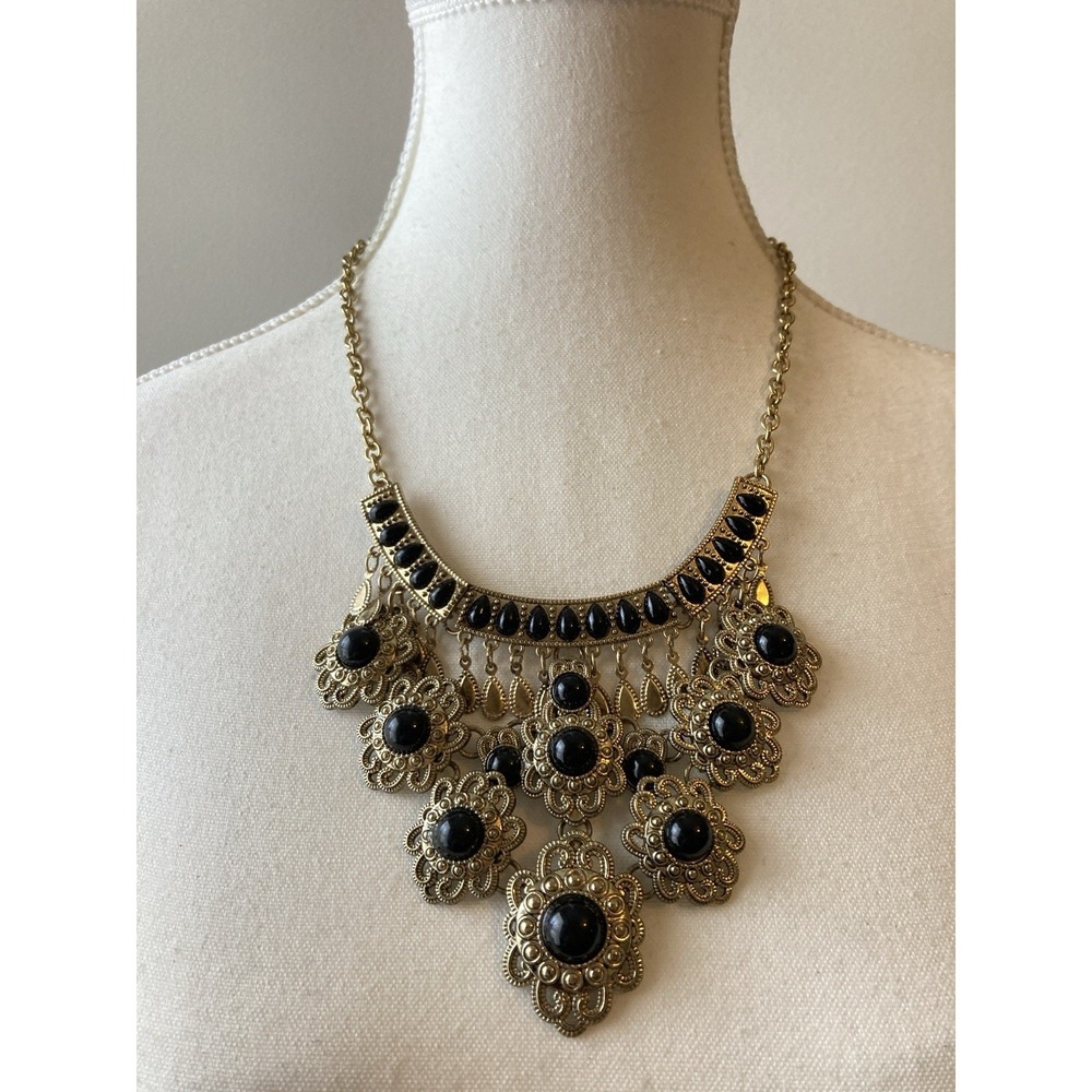 Gold Tone Black Cabochon Bib Statement Necklace Boho Gypsy Egyptian Revival